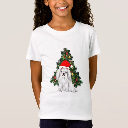 マルテーズのクリスマス　サンタ帽を被ったマルテーズのクリスマス犬 Tシャツ (正面)