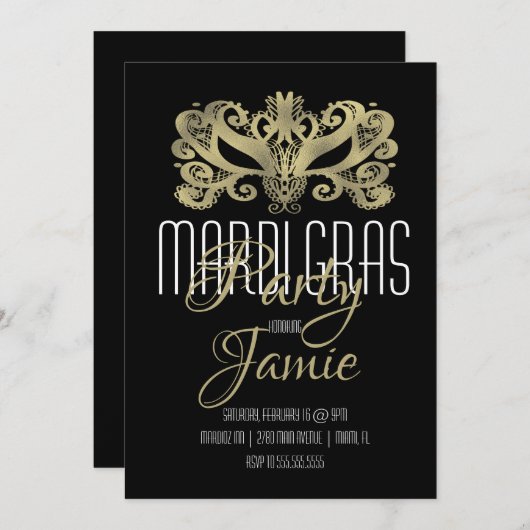 マルディエレガントグラスパーティーフェイク金ゴールドとブラック 招待状 (正面/裏面)