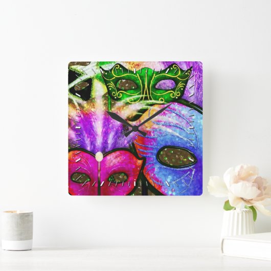 マルディカラフルグラスマスクウォールクロック スクエア壁時計 (ホーム)