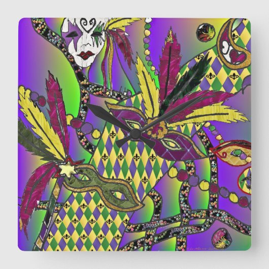 マルディグサイケデリックラのフェザーマスク スクエア壁時計 (正面)