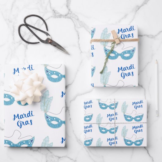 マルディグラお祝いブルーマスクフェザー ラッピングペーパーシート (正面)