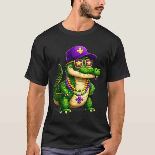 マルディグラの愉快なアリゲーター ビーズ カーニバル 慶祝 Tシャツ (正面)