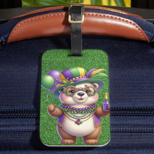 マルディグラの服を着た可愛いテディベア ラゲッジタグ (正面インサイチュ2)