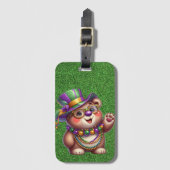 マルディグラの服を着た可愛いテディベア ラゲッジタグ (正面縦)