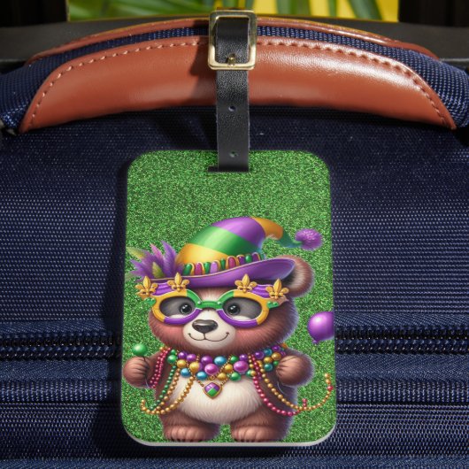 マルディグラの服を着た可愛いテディベア ラゲッジタグ (正面インサイチュ2)