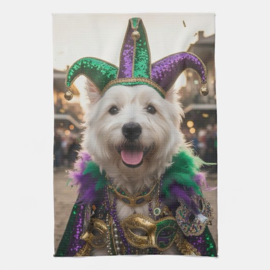 マルディグラの犬道化師コスチューム キッチンタオル (縦)