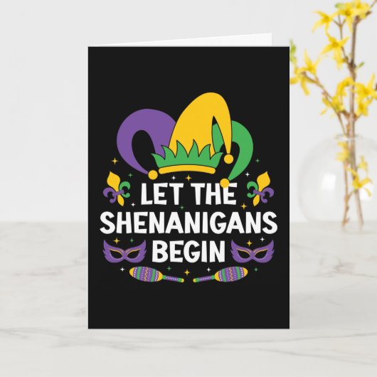 マルディグラの衣装でシェナニガンが始まる カード (黄色い花)