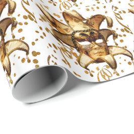 マルディグラカーニバル金ゴールドマスクと紙吹雪 ラッピングペーパー