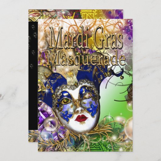 マルディグラスの仮装誕生日パーソナライズ 招待状 (正面/裏面)