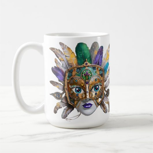 マルディグラスの羽根と金属のマスク コーヒーマグカップ (左)