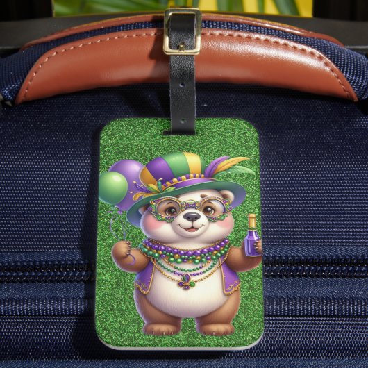 マルディグラスの衣装を着たかわいいテディベア ラゲッジタグ (正面インサイチュ2)