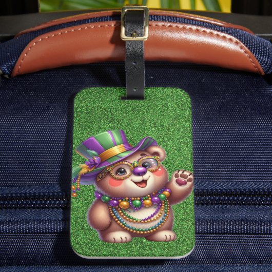 マルディグラスの衣装を着たかわいいテディベア ラゲッジタグ (正面インサイチュ2)