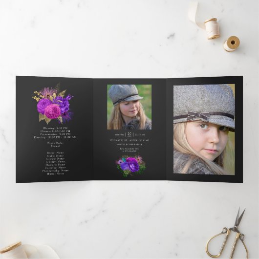 マルディグラスウォーターカラーフローラキンセアニラ写真 三つ折り招待状 (内部)