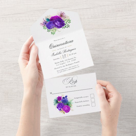 マルディグラスウォーターカラーフローラキンセアニラ オールインワン招待状 (貼ってはがせる)