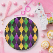 マルディグラスカラーズダイヤモンドハアーガイルーレクイン – ブラック ペーパープレート (パーティー)