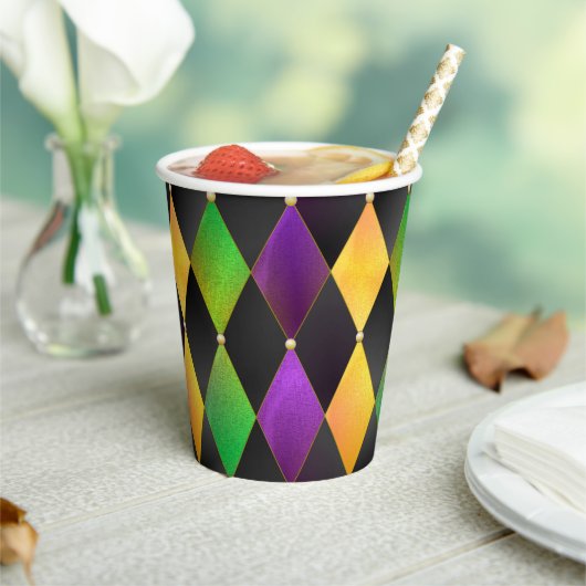 マルディグラスカラーズダイヤモンドハーレキアーガイルン – ブラック 紙コップ (インサイチュ)