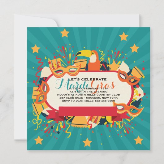 マルディグラスカーニバルパーティの招待状 招待状 (正面)