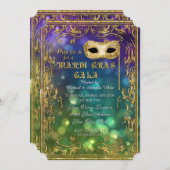 マルディグラスガラマスカレードマスク《写真》ぼけ味金ゴールドグリッター 招待状 (正面/裏面)