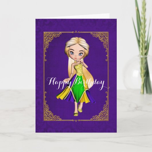 マルディグラスガールパープル誕生日カード カード (正面)
