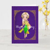 マルディグラスガールパープル誕生日カード カード (黄色い花)