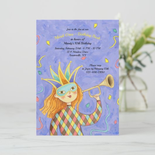 マルディグラスガール誕生日招待状 招待状 (スタンド正面)