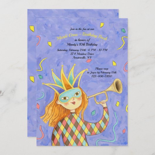 マルディグラスガール誕生日招待状 招待状 (正面/裏面)