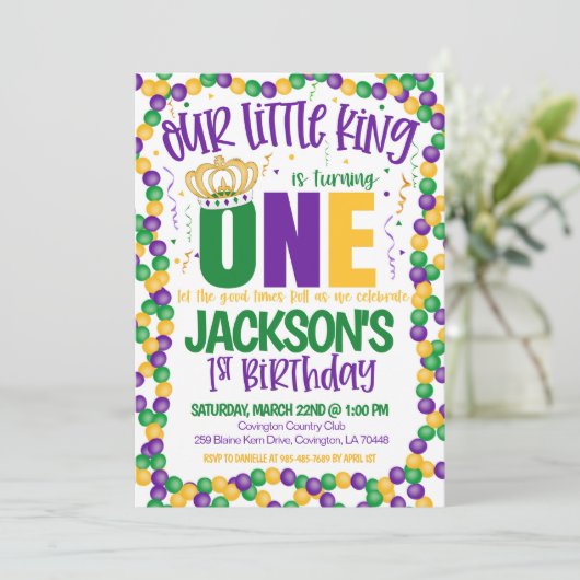 マルディグラスキングファースト誕生日招待状 招待状 (スタンド正面)