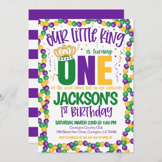 マルディグラスキングファースト誕生日招待状 招待状 (正面/裏面)