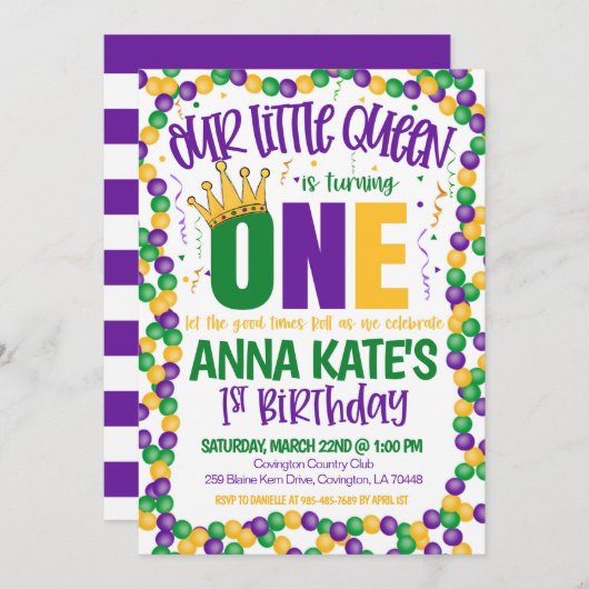 マルディグラスクイーンファースト誕生日招待状 招待状 (正面/裏面)