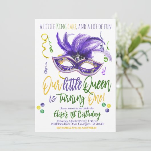 マルディグラスクイーンファースト誕生日招待状 招待状 (スタンド正面)