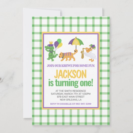 マルディグラスクロワキュートパレードファースト誕生日 招待状 (正面)