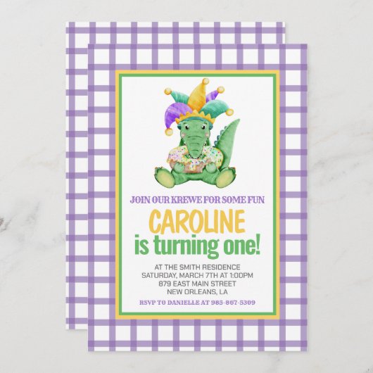 マルディグラスクロワゲーターキングケーキファースト誕生日 招待状 (正面/裏面)