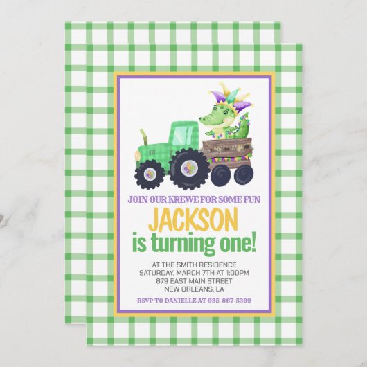 マルディグラスクロワゲーターケーキファースト誕生日 招待状 (正面/裏面)