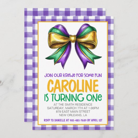 マルディグラスクロワコケットボウファースト誕生日 招待状 (正面/裏面)