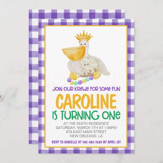 マルディグラスクロワファースト誕生日招待状 招待状 (正面/裏面)