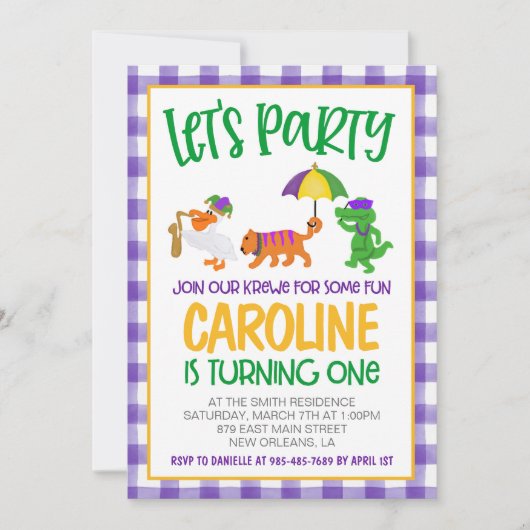 マルディグラスクロワファースト誕生日招待状 招待状 (正面)