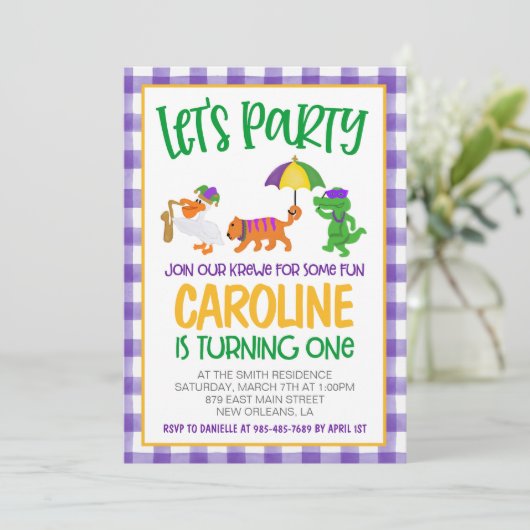 マルディグラスクロワファースト誕生日招待状 招待状 (スタンド正面)