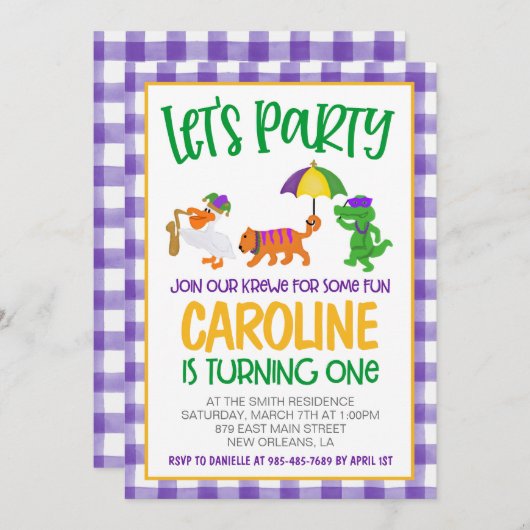 マルディグラスクロワファースト誕生日招待状 招待状 (正面/裏面)