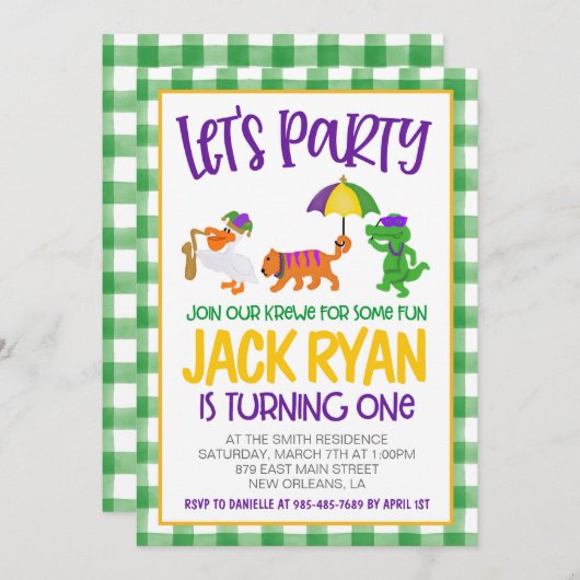 マルディグラスクロワファースト誕生日招待状 招待状 (正面/裏面)