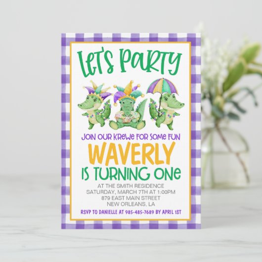 マルディグラスクロワファースト誕生日招待状 招待状 (スタンド正面)