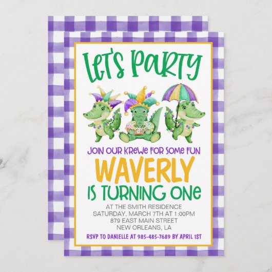 マルディグラスクロワファースト誕生日招待状 招待状 (正面/裏面)