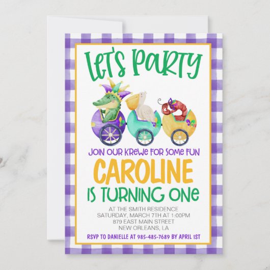 マルディグラスクロワファースト誕生日招待状 招待状 (正面)