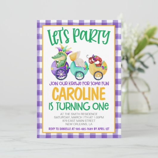 マルディグラスクロワファースト誕生日招待状 招待状 (スタンド正面)