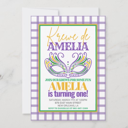 マルディグラスクロワファースト誕生日ANY AGE 招待状 (正面)