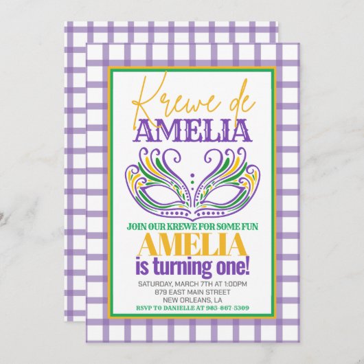 マルディグラスクロワファースト誕生日ANY AGE 招待状 (正面/裏面)