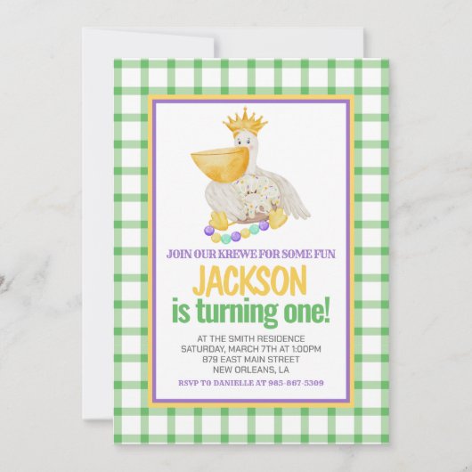 マルディグラスクロワペリカンキングケーキファースト誕生日 招待状 (正面)