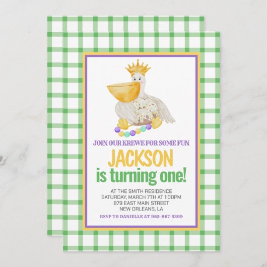 マルディグラスクロワペリカンキングケーキファースト誕生日 招待状 (正面/裏面)