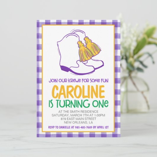 マルディグラスクロワマーチングブーツファースト誕生日 招待状 (スタンド正面)