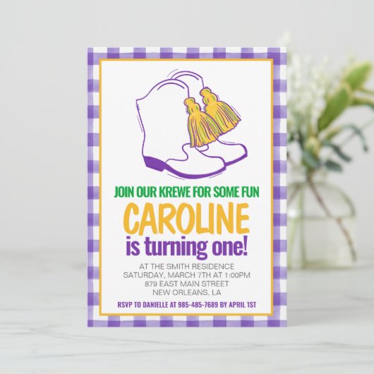 マルディグラスクロワマーチングブーツファースト誕生日 招待状 (スタンド正面)