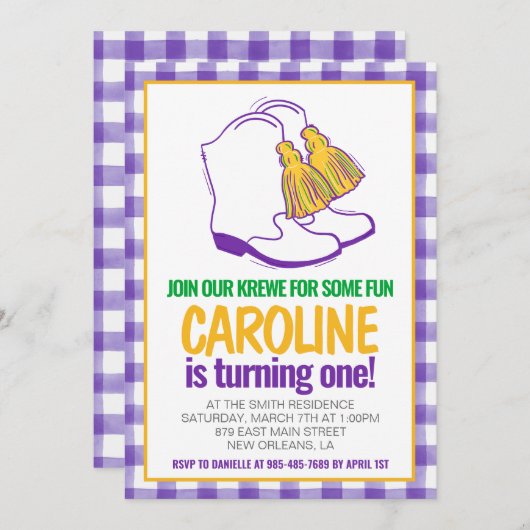 マルディグラスクロワマーチングブーツファースト誕生日 招待状 (正面/裏面)